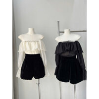 set áo trễ vai mix quần nhung diện đi đám cưới xinh xắn