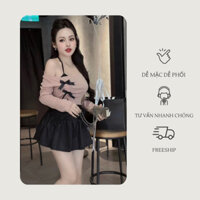 Set Áo Trễ Vai Nơ Đen Mix Chân Váy Xòe | Ribbon Set
