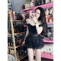 Set áo trễ vai ren màu đen kèm chân váy ren tầng xoè đen