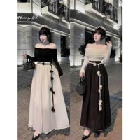 Set áo trễ vai tay dài chân váy midi kèm dây hoa