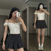 Set Áo Trễ Vai Thô Boi 2 Lớp Chun Sau Mix Chân Váy Kẻ Tenis Siêu Xinh (cvay có lót quần)