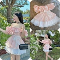 Sét áo trễ vai tiểu thư gấm xốp màu hồng bèo tầng + chân váy tơ xốp tặng kèm dây đai eo, set dễ thương HB667