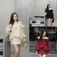 Set Áo Trễ Vai Tơ Mềm Kèm Chân Váy Dập Cúc Bạc Có Lót Quần Fumi Store