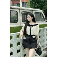 Set áo trễ vai tơ mix chân váy hoa nổi size M