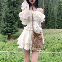 Sét áo trễ vai viền bèo kèm chân váy xoè 2 tầng chất voan đũi, Áo nữ kiểu hở vai dài tay hottrend 2023 ulzzang SUBA