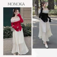 Set áo trễ vai viền bèo ôm body cúc ngọc + chân váy đầm dài maxi xòe chất voan Bộ đồ nữ xinh bánh bèo T118G MONOKA SHOP