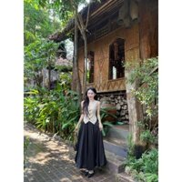 Set áo tuyết mưa nút bọc không tay kèm chân váy lụa xòe dài xinh đẹp phù hợp đi làm đi chơi D313