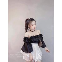 Sét áo và chân váy bèo nữ áo kiểu trễ vai có mút ngực phối chân váy siêu dễ thương thích hợp mặc đi chơi, đi tiệc - Đen