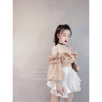 Sét áo và chân váy bèo nữ áo kiểu trễ vai có mút ngực phối chân váy siêu dễ thương thích hợp mặc đi chơi, đi tiệc - Da