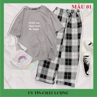 Set áo và quần kẻ màu in chữ đọc sách tiếng anh, vải đẹp hình in rõ nét giá rẻ.SS05