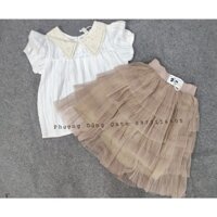 Set áo váy áo sơ mi bèo kết hợp chân váy voan tầng Quảng Châu- ảnh thật shop tự chụp