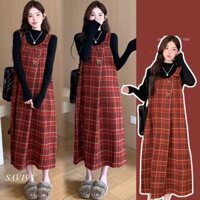 Set Áo Váy Dạ Bầu Caro Đỏ Mặc Tết,Giáng Sinh Cực Xinh SAV193