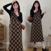 Set Áo Váy Dạ Bầu Dài Caro SAV206