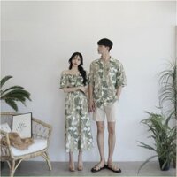 Set áo váy đôi đi biển hoa lá trễ vai đồ cặp tình nhân