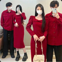 Set áo váy đôi đỏ tết noel form dài nơ ngực tay dài lịch sự - FOREVER COUPLE | Tiệm Đồ Đôi