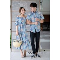 Set áo váy đôi họa tiết màu xanh biển, maxi xòe rộng