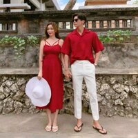 Set áo váy đôi màu đỏ đan eo [ẢNH THẬT]