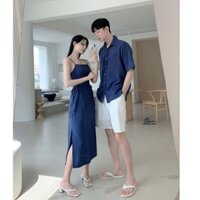 Set áo váy đôi màu xanh Navi đan eo [ẢNH THẬT]