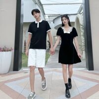 Set áo váy đôi nam nữ chất liệu thun cotton da cá, màu đen viền cổ trắng