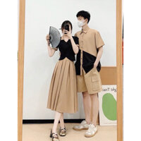 Set áo váy đôi tình nhân màu vàng nâu viền đen hiện đại sang trọng