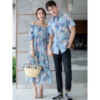Set áo váy đôi trễ vai, hoạ tiết hoa lá, màu sắc tươi trẻ