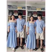Set áo váy đôi xanh sọc form váy dài cá tính xinh có tay bồng - YH Couple Shop