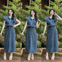Set áo váy jean tay cánh dơi chất jean denim dày dặn y hình