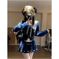 Set áo váy len xanh thủy thủ trẻ trung năng động cho nữ T12