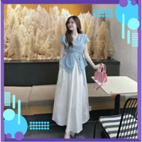 Sét áo váy nữ cộc tay kèm chân váy 2 lớp ❤️ÁO ĐŨI XANH BUỘC DÂY MIX CV TRẮNG❤️ Chất mát mềm , phom tiểu thư DN-200