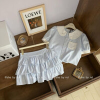 SET ÁO VÁY SƠ MI CỔ BÈO PHỐI CHÂN VÁY XẾP LY