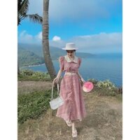 Sét áo váy sọc caro hồng dáng dài S465 chất xốp 2 lớp cổ bèo khuy cài nút bọc tay ngắn freesize KimHoa77