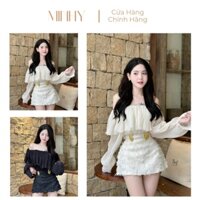 Set Áo Váy Trễ Vai Nữ Dài Tay Tơ Nhăn Cổ Đính Đá Cao Cấp MINHY A007