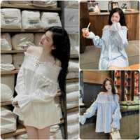 Sét Áo Váy Trễ Vai Sơ Mi Đan Dây Kèm Quần