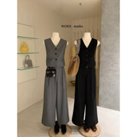 Set áo vest cổ V dáng ngắn và quần ống rộng đai quần dài WGWE