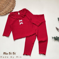 Set áo viền bèo quần legging cạp cao thun gân Hàn cho bé gái