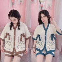 Set Áo Viền Màu In Gấu Đính Nơ Kèm Quần Short Siêu Cưng