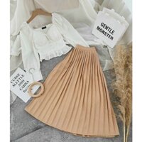 SET ÁO VIỀN REN + CHÂN VÁY DÀI XẾP LY NUDE