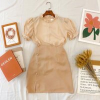 Set áo voan bèo cổ tay váy nude