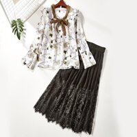 Set Áo voan cát thu đông + Chân váy ren cá tính  phong cách Korea 스타일입는 옷