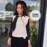 Set áo voan chấm bi kèm gile len (qc loại 1)