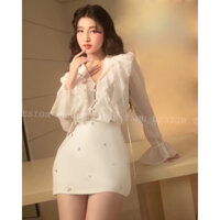 Set áo voan cổ bèo + chân váy đính đá (Xoài Non mặc)