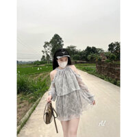 Set áo voan cổ yếm bèo khoét vai kèm quần short