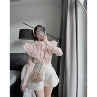 SET ÁO VOAN TƠ CỔ BÈO ĐÍNH TAG NƠ & SHORT⚡HỎA TỐC⚡ MEOINDAHOUSE