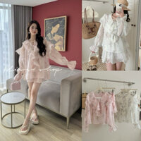 Set áo voan tơ cổ bèo tay loe mix cùng chân váy bồng tầng siêu xinh