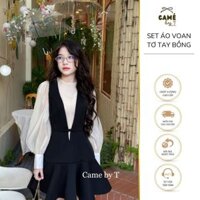 Set áo voan tơ tay phồng đính cúc phối chân váy 2 dây giả yếm dáng xòe ngắn, set váy yến tiểu thư