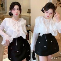 Set áo voan trắng bèo kèm chân váy đen đính đá