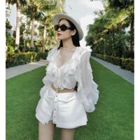 SET ÁO VOAN TRẮNG BÈO TẦNG + CHÂN VÁY NÚT BẤM XẺ