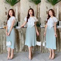 Set áo voan trắng nơ cổ + chân váy xanh xếp ly