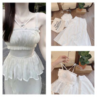 Set áo voan trắng peplum + chân váy lụa midi phong cách nàng thơ, nhẹ nhàng, nữ tính