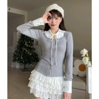 SET ÁO XÁM DÀI TAY PHỐI CỔ SƠ MI TRẮNG ĐÍNH NÚT